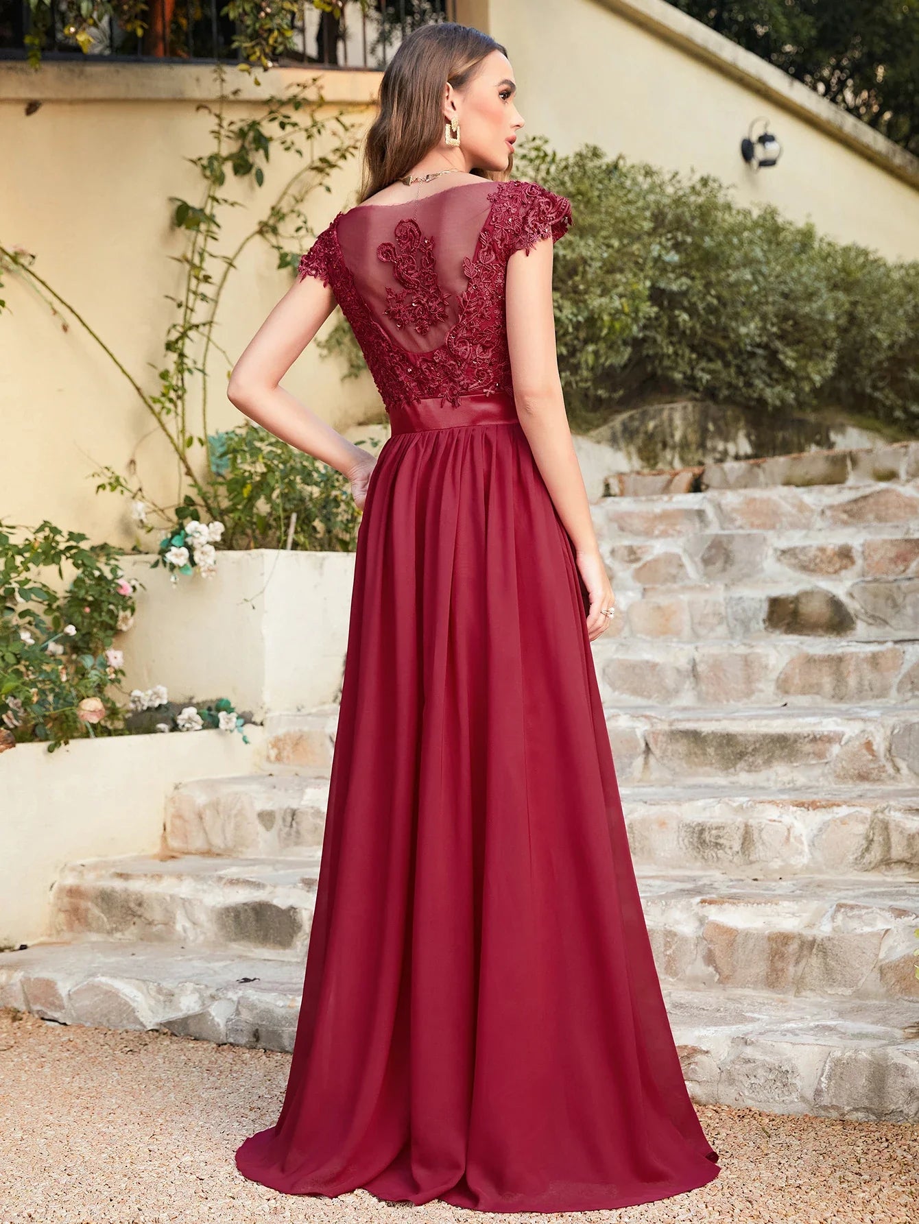 A-line V Neck Sleeveless Floral Lace Chiffon Back Hollow Long Paty Bridesmaid Dress Women 2024 For Wedding Sexy Evening Dress