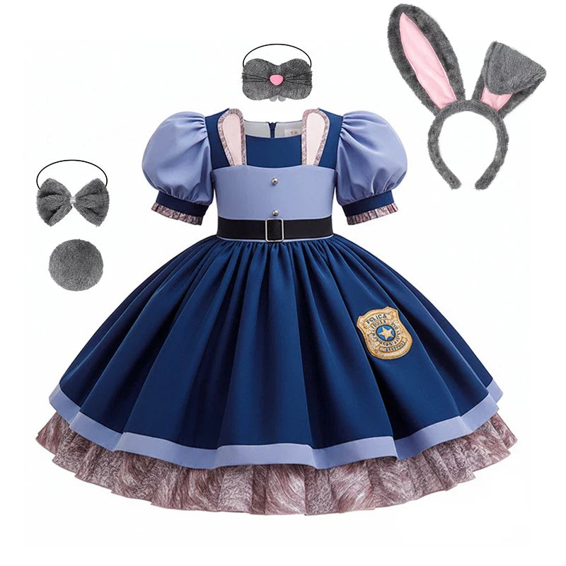 Girls Judy Hopps Police Officer Dress Zootopia Bunny Costume Kids Dress Up Halloween Rabbit Dress Outfits