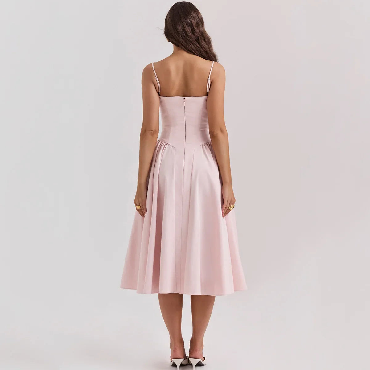 Women Elegant Sleeveless Backless Pleated Dresses Lady Sexy Solid Sling Midi Dress 2024 Female Party Evening A-line Robes