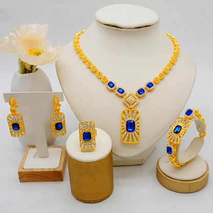 Women Gold Color Jewelry Sets Blue Pendant Necklace Earrings Bracelet Ring Sets Party Gifts