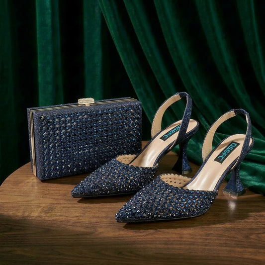 Nigerian New Trending Cutout Style Navy Blue Elegant Women's Shoes and Party Wedding Bag