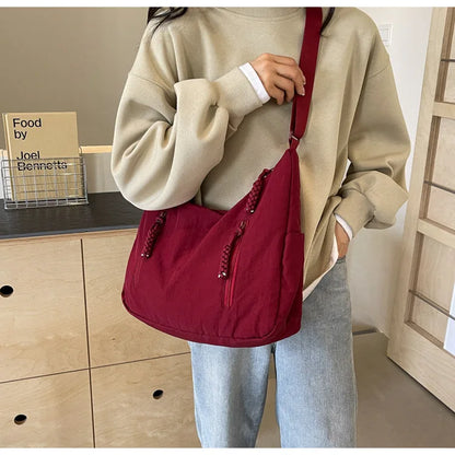Summer Women Solid Color Shoulder Bag Fashion Lightweight Versatile Travel Crossbody Bag Commuter Nylon Large Capacity Hobo Bag