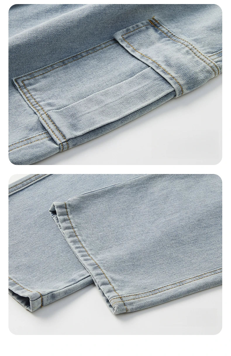 Large Pocket Baggy Solid Jeans Men's 2026 New Spring Classic Straight Denim Trousers Street Y2K Elastic Waist Casual Cargo Pants