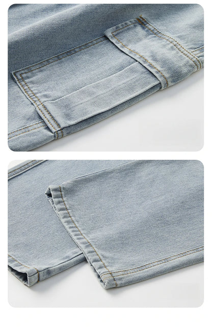 Large Pocket Baggy Solid Jeans Men's 2026 New Spring Classic Straight Denim Trousers Street Y2K Elastic Waist Casual Cargo Pants