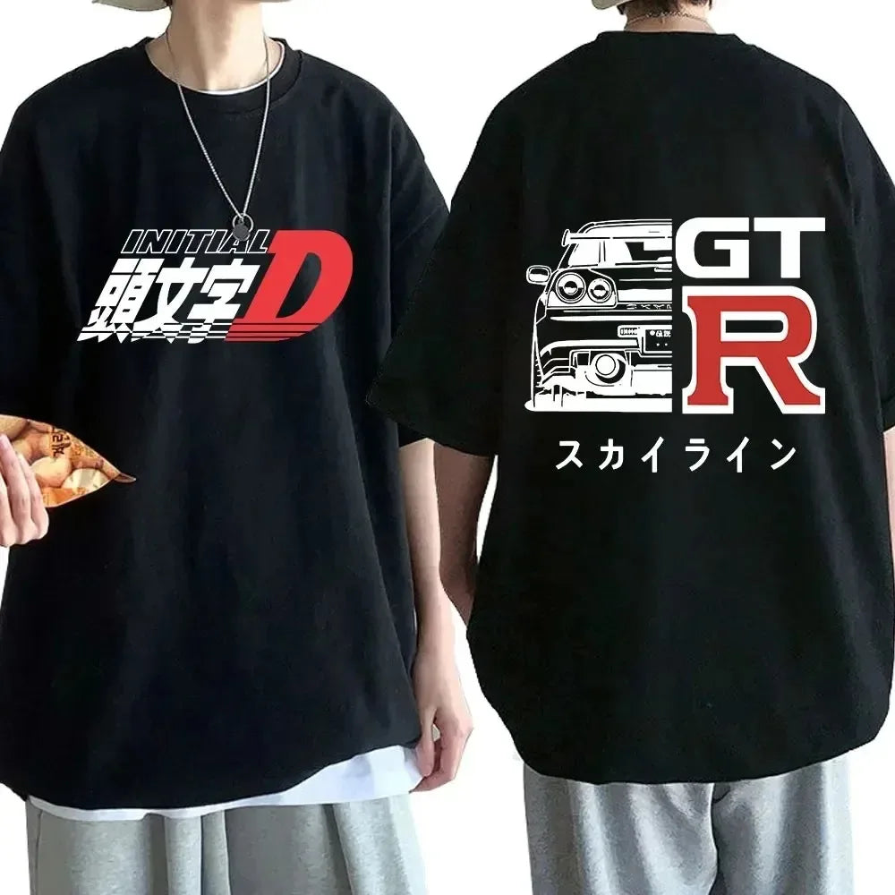 Anime Drift AE86 Initial D Double Sided T Shirt O-Neck Short Sleeves Summer Casual Unisex R34 Skyline GTR JDM Manga T-Shirts