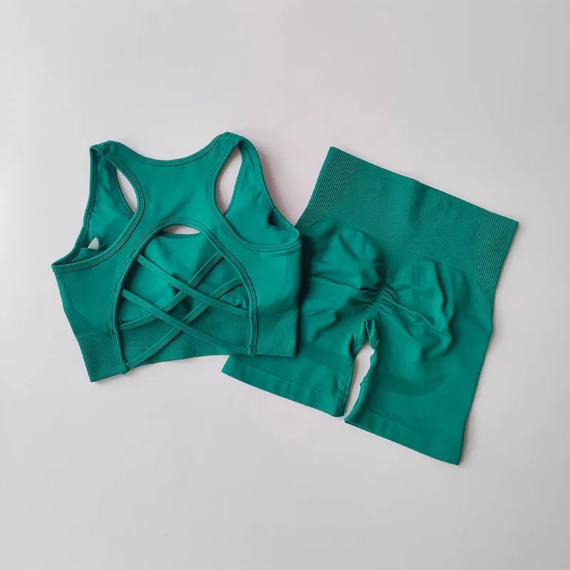 Women's yoga exercise set, paired with cross gathered back and high waisted hip lifting sports shorts