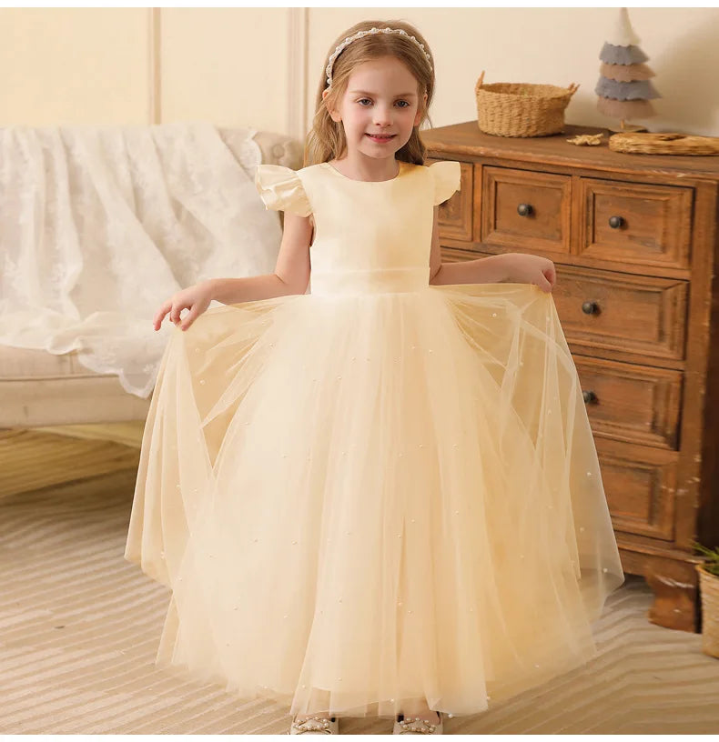 Summer Girl Flower Birthday Tulle Dress Backless Bow Wedding Gown Piano Kids Party Wear Princess Dress Baby Girl Bowknot Dresses