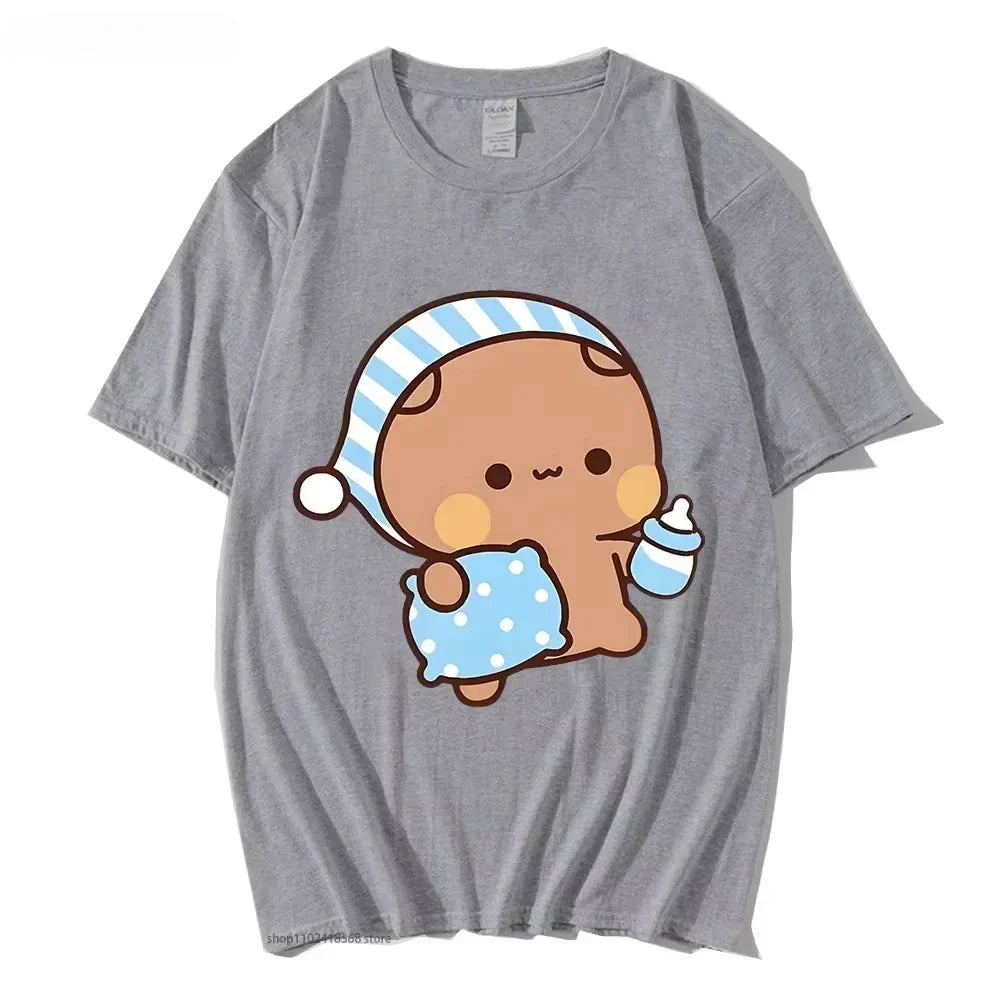 Couple Tshirt Cute BuBu Panda Going To Sleep with DuDu Bear Graphic Tshirt Women Clothes Sleeve Tops Women's Clothing