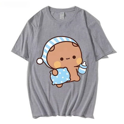 Couple Tshirt Cute BuBu Panda Going To Sleep with DuDu Bear Graphic Tshirt Women Clothes Sleeve Tops Women's Clothing