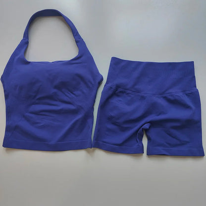 Sexy Halter Neck Beautiful Back High Waist Peach Sports Bras Shorts Suit Pilates Gathering Yoga Vest Training Fitness Bra Sets