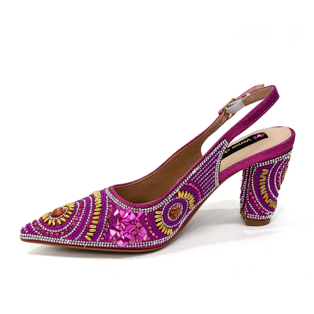 2025 Moda Mais Recente Chegada Laranja Ponta Fina Sandálias Femininas Sapatos com Bolsa Conjunto para Senhoras Festa de Casamento Salto