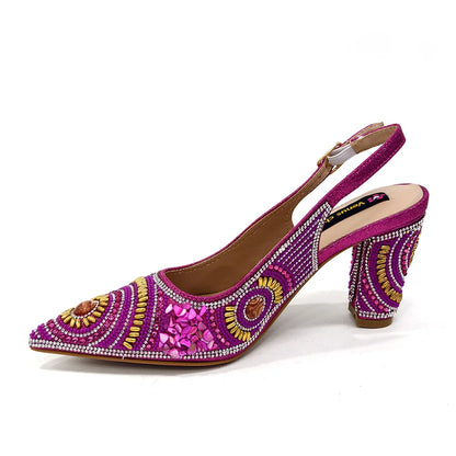 2025 Moda Mais Recente Chegada Laranja Ponta Fina Sandálias Femininas Sapatos com Bolsa Conjunto para Senhoras Festa de Casamento Salto
