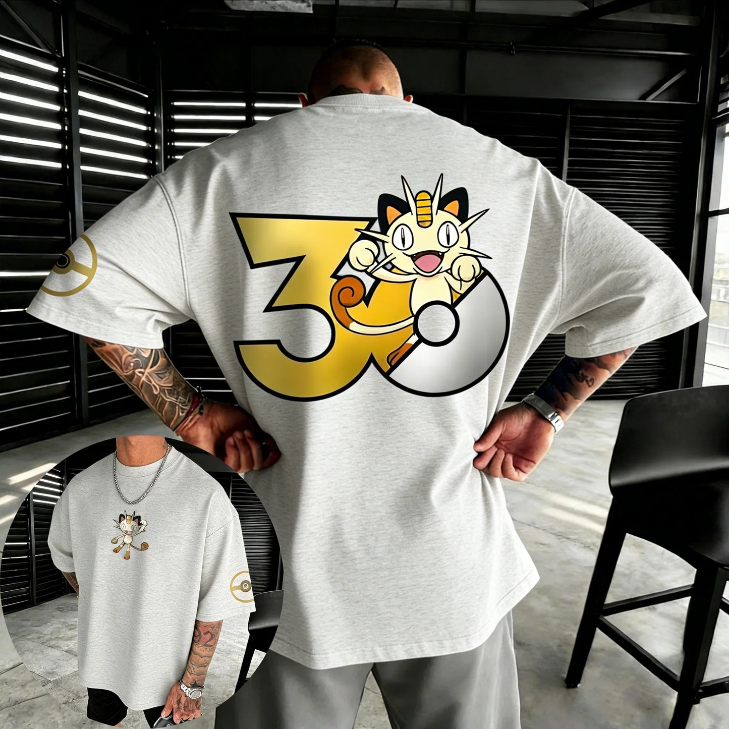 30th Anniversary Meowth Printed T-shirt Summer New Men's and Women's Loose Casual Hip Hop Trendy Short Sleeve Top
