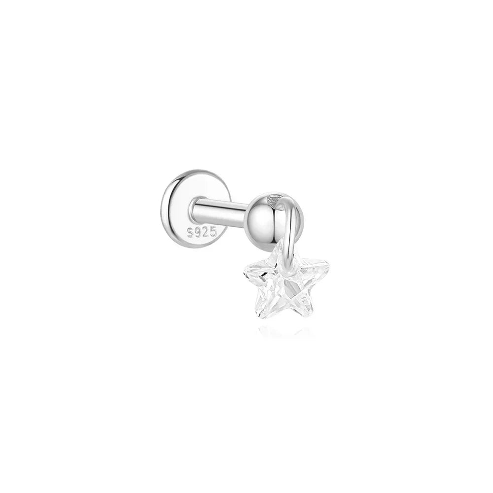 1PC Four Pointed Star Moon Tassel Lotus Cartilage Spiral Puncture 925 Sterling Silver Stud Earring For Women Ins Earring