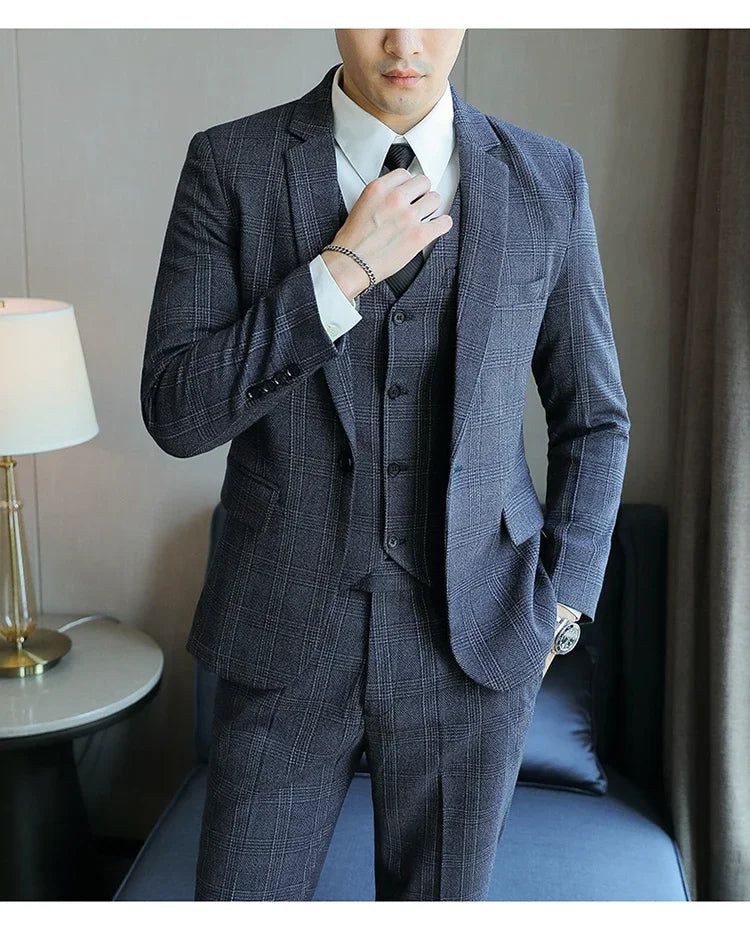 Hemp (blazer+Vest+Pants) Fashion Business Leisure Hosts Slim-fit Cotton Hemp Gentleman Wedding Work Wedding Suits for Men M-5XL