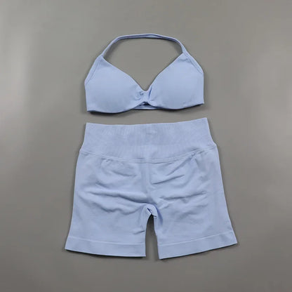 Scrunch Seamless Yoga Set Women Sportswear Ribbed Gym Shorts Strappy Sports Bra 2 Piece Set Halter Workout Clothes Fitness Suit