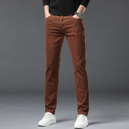 Straight Fashion Men's Jeans Solid Color Casual Business Stretch Washed Denim Trousers Breathable Streetwear Trendy Male Pants