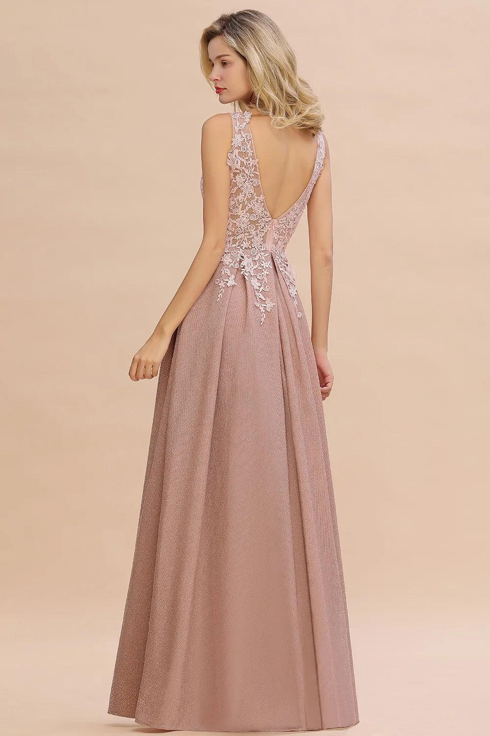 Dusty Pink Bridesmaid Dresses Appliques Lace V Neck Illusion Blue Burgundy Silver For Bride Wedding Party Prom Gowns Vestidos