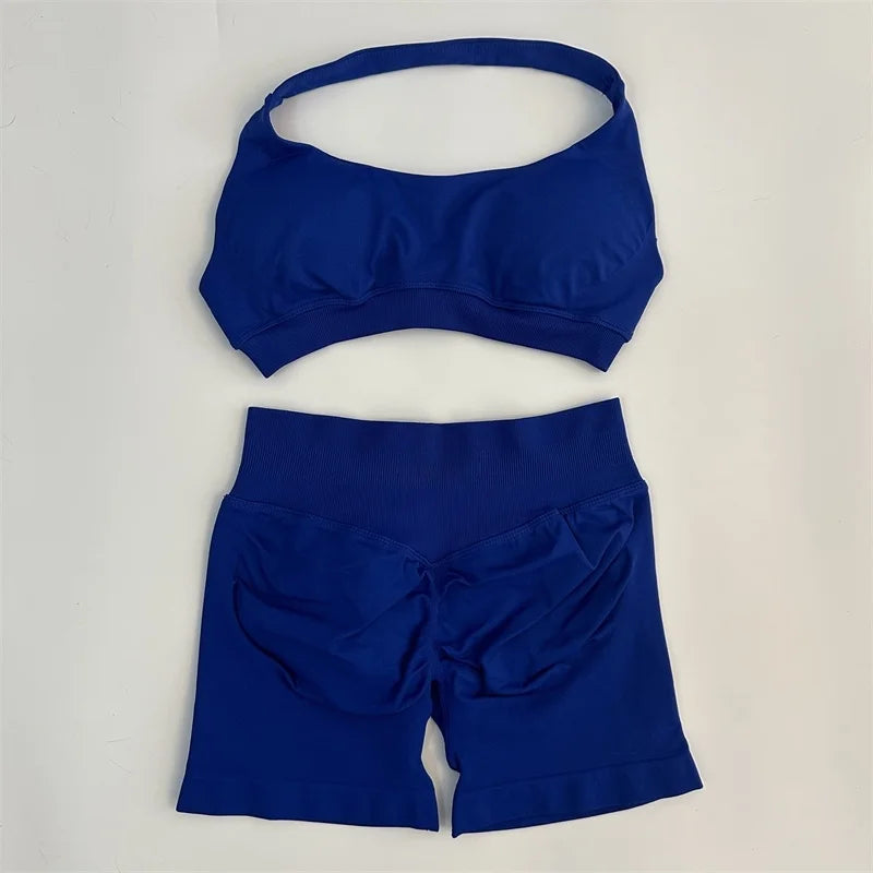 Yoga Shorts Set Seamless Yoga Set Workout Scrunch Shorts Sets Halter Sports Bra Scrunch Shorts Fitness Clothes Gym Suit