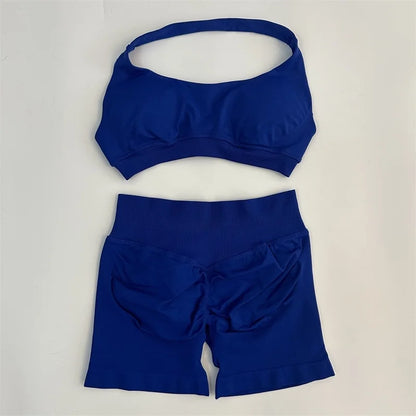 Yoga Shorts Set Seamless Yoga Set Workout Scrunch Shorts Sets Halter Sports Bra Scrunch Shorts Fitness Clothes Gym Suit