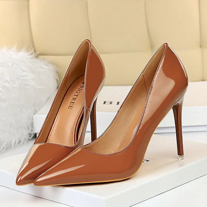 Women 7.5cm 10.5cm High Heels Wedding Bridal Classic Pumps Lady Scarpins Metallic Leather Low Heels Stiletto Nude Office Shoes