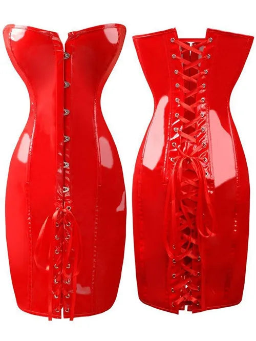 Hot Black/Red Long PVC Leather Corset Dress Sexy Women Gothic Waist Tranier Body Slim Club Vinyl Latex Mini Dress S-2XL