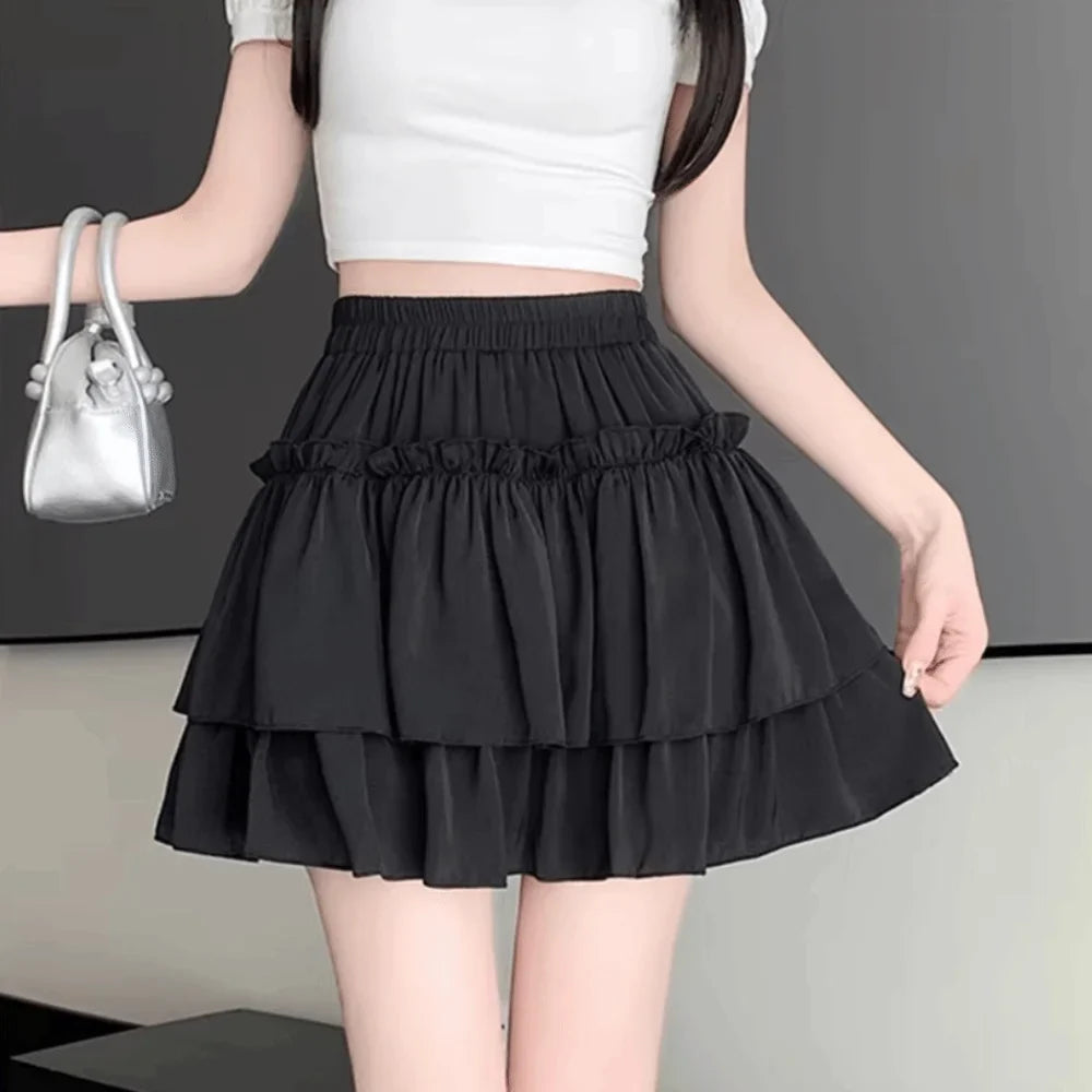 Chic Sweet Style Pleated A-Line Skirt Elegant Versatile Tiered Skirt Basic Cut High Waist Elastic Waist Skirt Summer