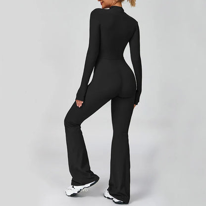 VITALINOVO Women Long Sleeve Flare Workout Jumpsuit Zip Up Romper Bottom Pants Wide Leg Full Length Bodysuit Bodycon One Piece