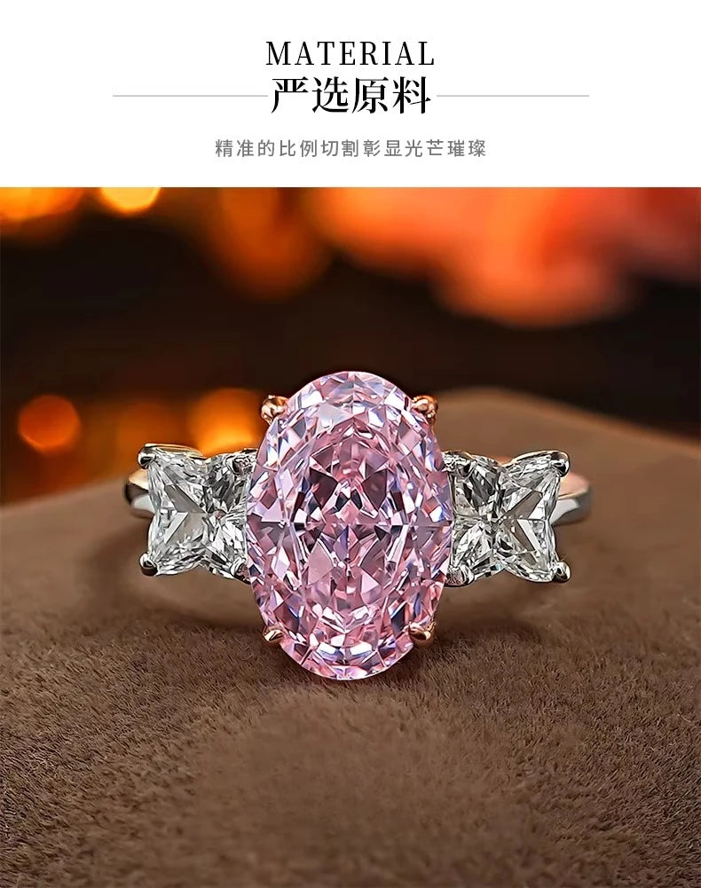 S925 Silver Ring 8 * 12mm Elliptical Zircon Powder Ice Flower Cut Ring Sweet Wind Jewelry