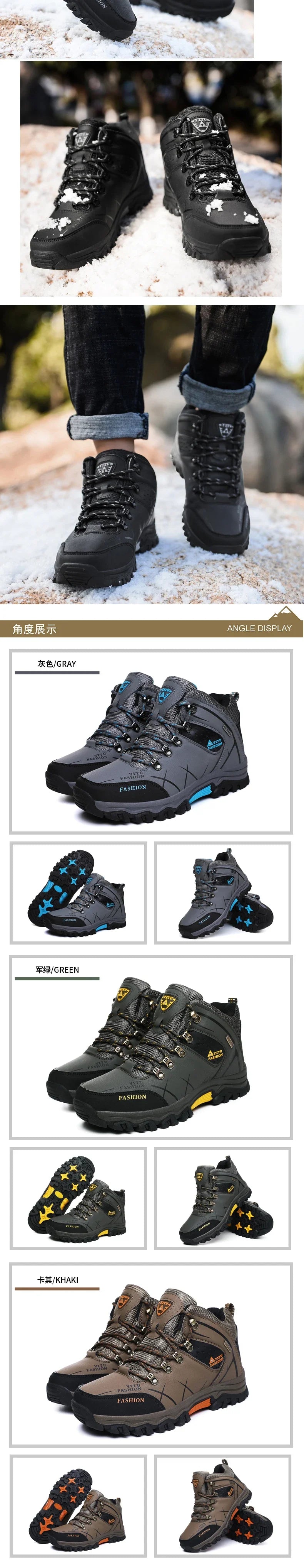 Winter Warm Cotton Shoes Men Outdoor Leather Black Casual Shoes Fur Sneakers High Top Rubber Ankle Boots Male Hiking Trekking 46