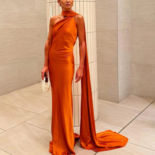 Elegant Women's Soft Silk Satin Long Dress Halter Backless Sleeveless Maxi Dresses Summer Lady Long Ribbon Party Gowns