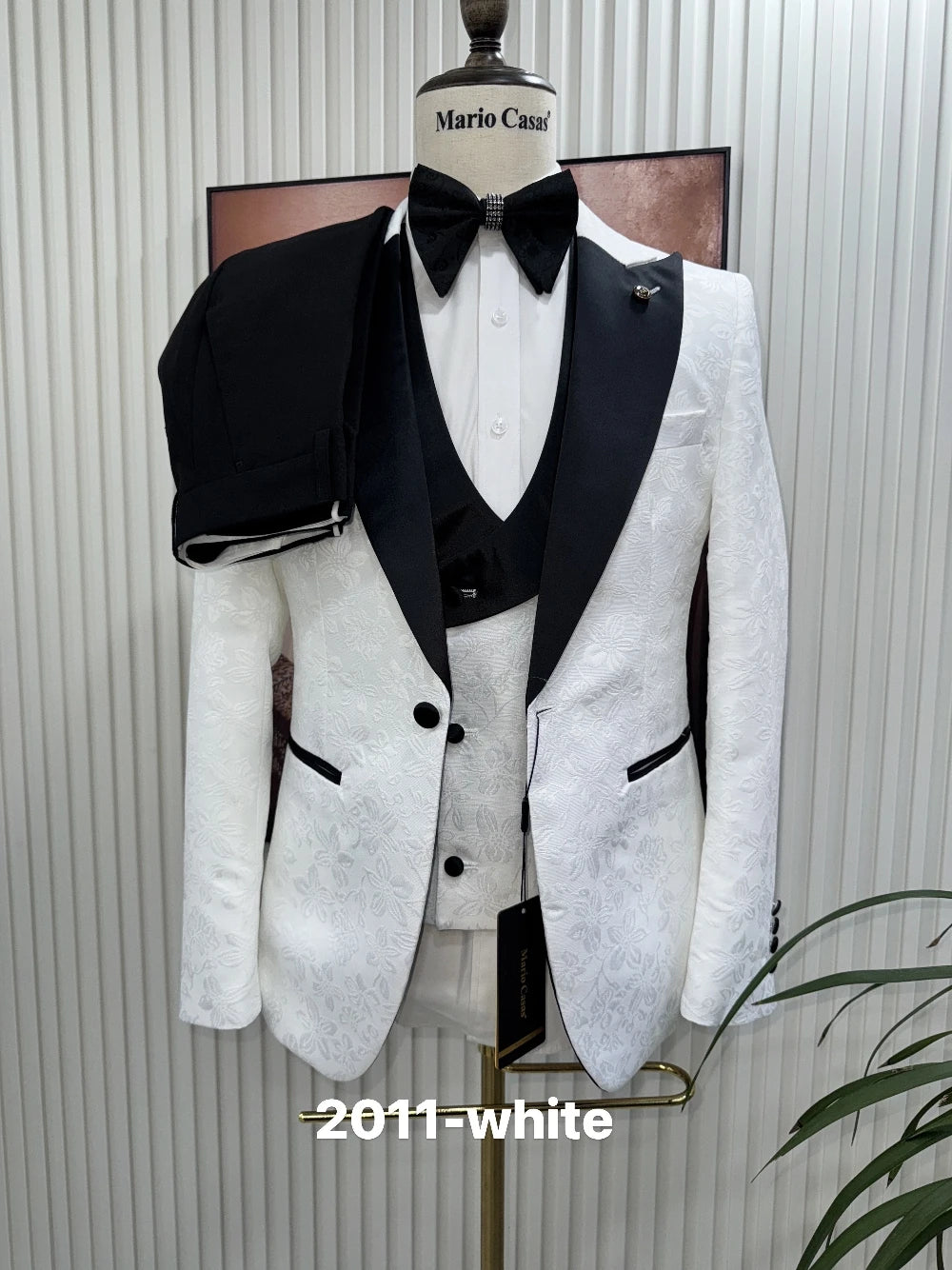 Premium Men's White Patterned 3-Piece Formal Tuxedo Black Lapel Slim Fit Groom Suit For Wedding Ball Dinner Party Formal Set