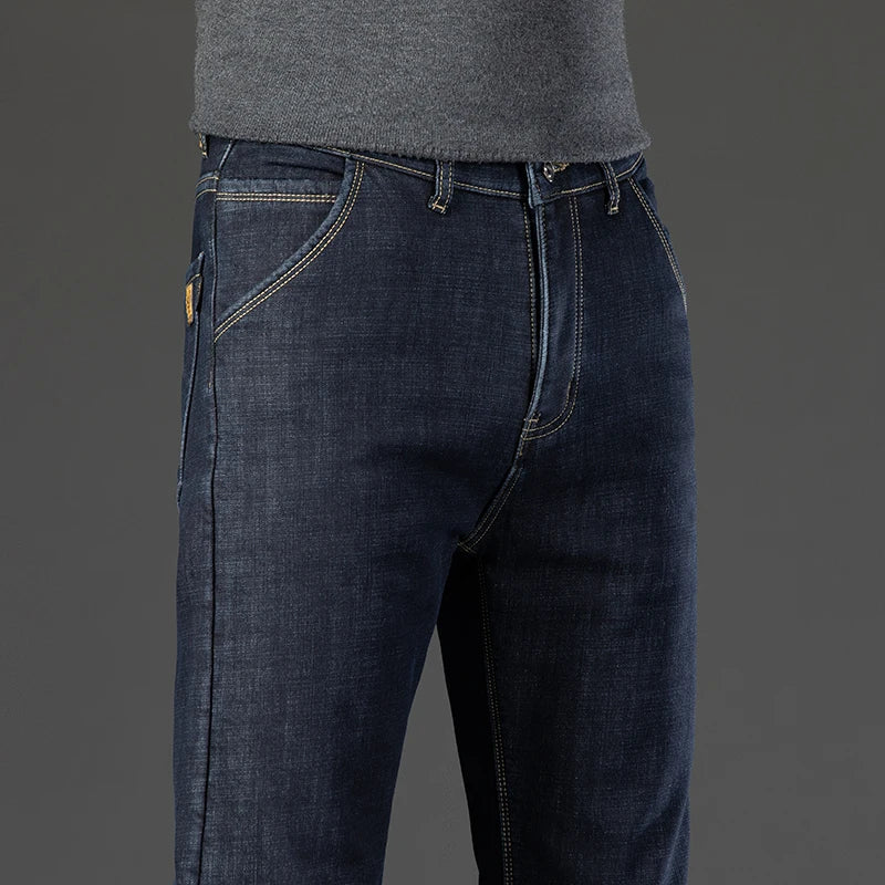 Winter Warm Fleece Jeans Men's Thick Thermal Casual Straight Denim Pants Male Business Work Stretch Trousers New Clothing