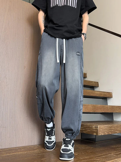 Lyocell Washed Men’s Jeans Lightweight Harem Joggers With Elastic Waist 4 Colors Baggy Denim Pants Asian Size L-6XL