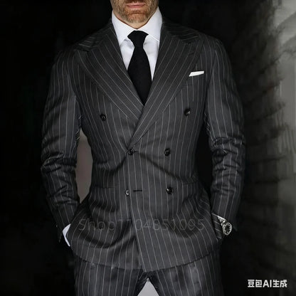 Men's 2-Piece Suit Set Slim Fit Double Breasted Lapel Formal Grey Blue Marine High Quality Jacket And Trousers Ensemble