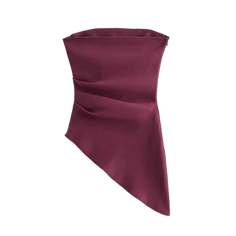 Women's Strapless Asymmetric Pleated Bustier Tops, Straight Neck, Side Zipper, Female Camis, Sexy Fashion