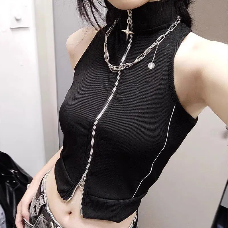 Gothic Style Stitching High Street Style Hot Girl Spaghetti Straps Sleeveless Cardigan Vest Slimming Slim Fit Top for Women INS