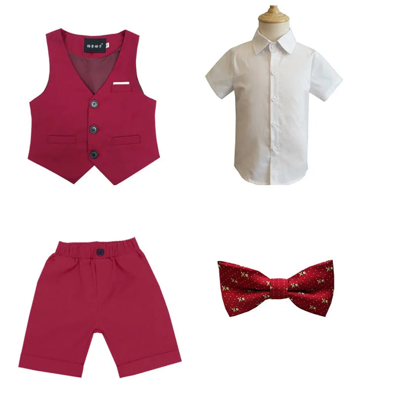 Boys Formal Birthday Photograph Suit Kids Summer Vest Shirt Short Bowtie Wedding Dress Teenager Suit Children Graduation Costume