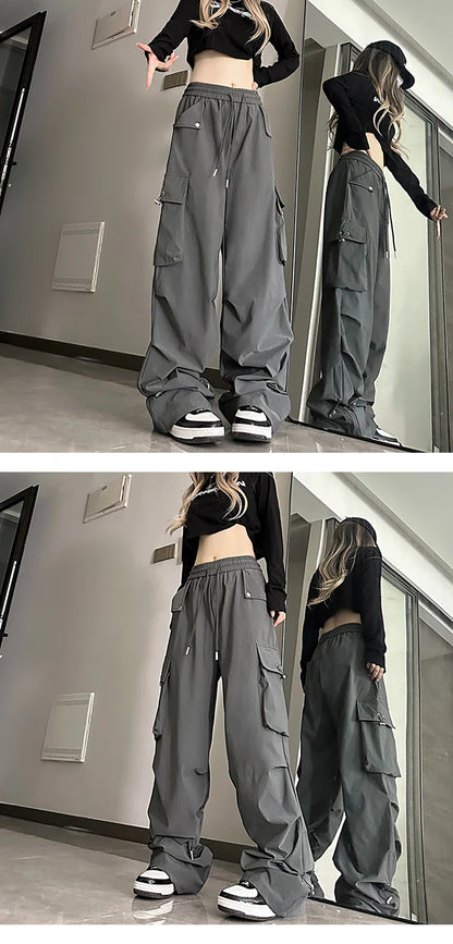 2026 New American Style Large Pocket Cargo Pants Women's Spring Summer Wide Leg Pants Loose Slimming Casual Sports Pants