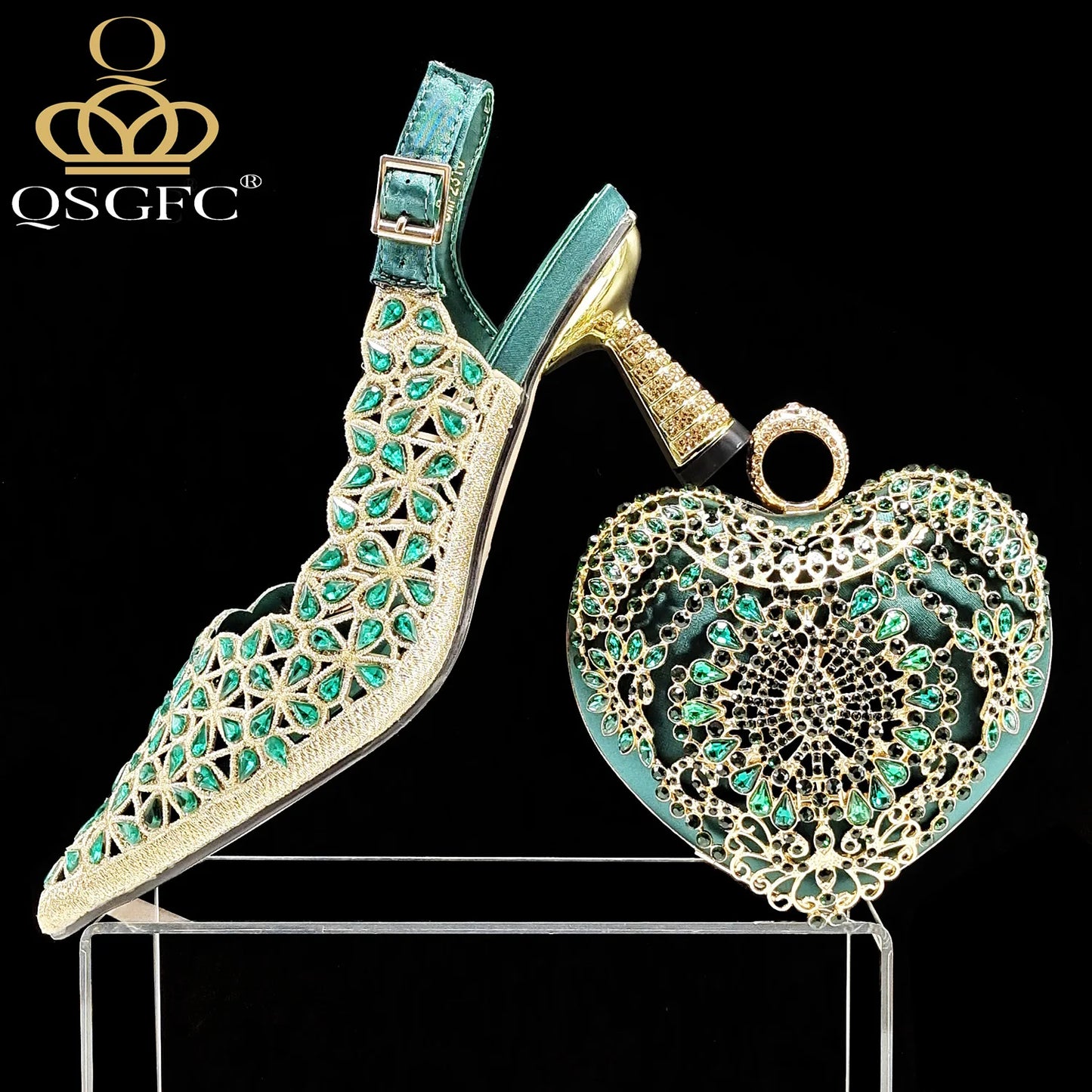 Italian Design Rhinestone-encrusted Sex Ladies Shoes And Special Bag High Heels And Heart Shape Gold Mini Bag