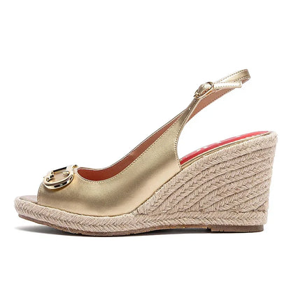 sandals summer women's casual shoes Gold INITIALS INSIGNIA PU LEATHER WEDGES Luxury brand wedge shoeses