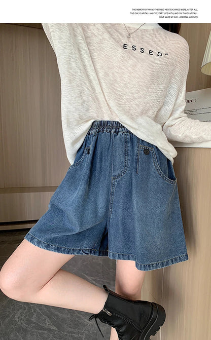 New 2024 Summer Plus Size Denim Shorts For Women High Elastic Wasit Wide Leg Loose Blue Jean Short Women Streetwear Half Jeans