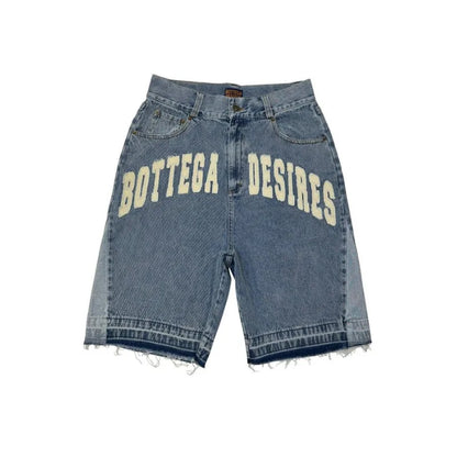 Y2k Vintage Harajuku Denim Shorts Women Washed Letter Embroidery Tassels American Retro Jeans Man Baggy Hip Hop Jorts