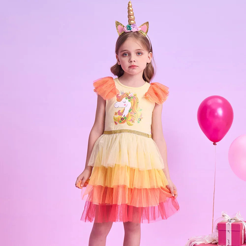 Kids Summer Vestidos Girls Flare Sleeve Mesh Tulle Layered Princess Birthday Party Tutu Dresses Girls Unicorn Print Dress