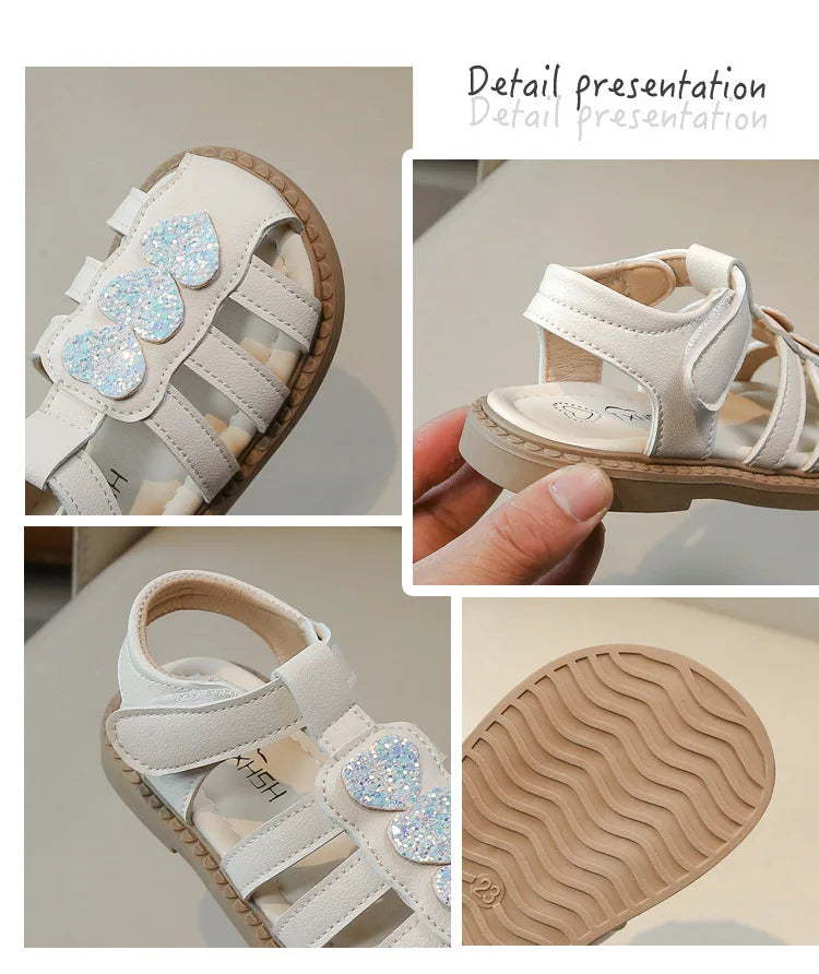 Kid Shoes Children Sandals Bling Heart-shape Summer Girl Princess Shoe Flat Heel Sandals Children Girls Performance Shoes I03022