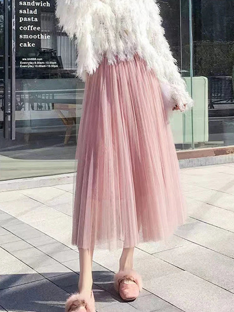 Elegant Women Tulle Skirt  Korean Fashion Mesh White A Line Ladies Pleated Skirt Summer Chic High Waist Black Party Faldas