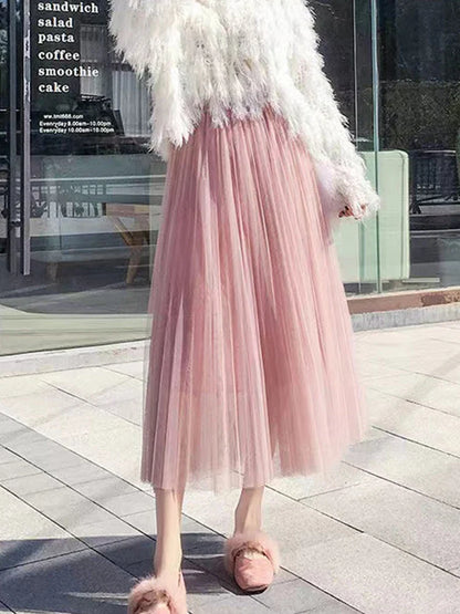 Elegant Women Tulle Skirt  Korean Fashion Mesh White A Line Ladies Pleated Skirt Summer Chic High Waist Black Party Faldas