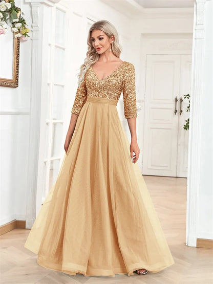 Luxury Gold Floor Length V-Neck Tulle Splicing Evening Dress Women Elegant Party Maxi Sequins Short Sleeves Cocktail Gowns