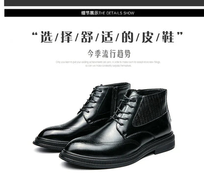 Men Pu Leather High Top Boots With Side Zipper Block Carving Design Business Casual And Handmade Ankle Boots