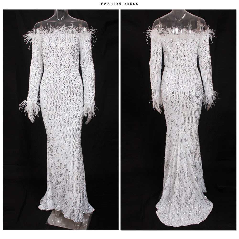 Sparkle Sequin Green Feathers Maxi Cocktail Dress Mermaid Off Shoulder Long Sleeves Stretch Wedding Party Gown Dresses 2025